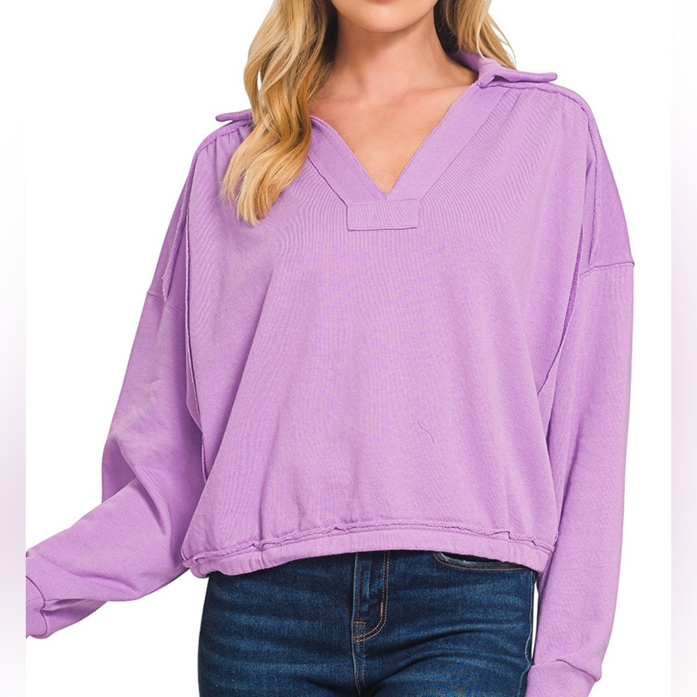 Zenana lavender French Terry collared pullover